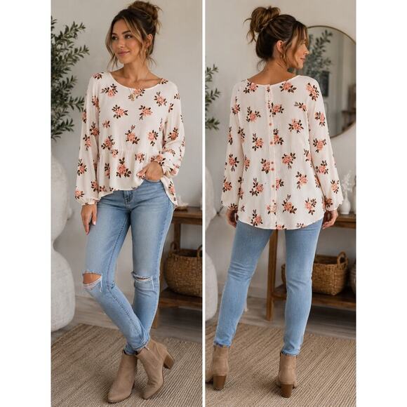 LuLaRoe Tops - NWT LuLaRoe Vivian Floral Long Sleeve Top XL Cream Pink Rose Print Boho
